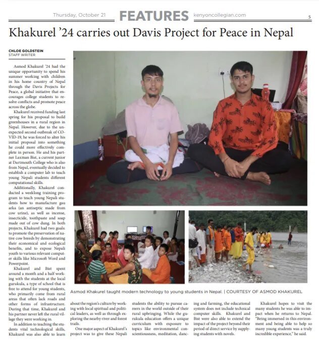 Kenyon Collegian feature: Khakurel '24 carries out Davis Project for Peace in Nepal